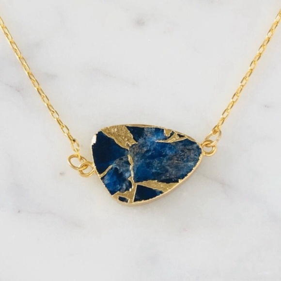 18K Gold Plated Floating Blue Sapphire Pendant Chain Necklace - Picture 1 of 5